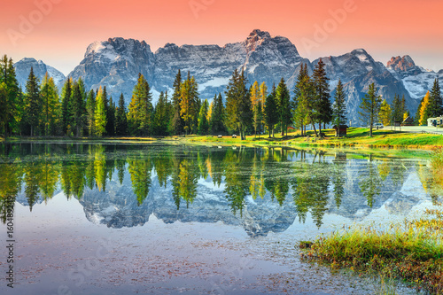 Fototapeta Naklejka Na Ścianę i Meble -  Stunning alpine lake in Dolomites mountains, Antorno lake, Italy, Europe