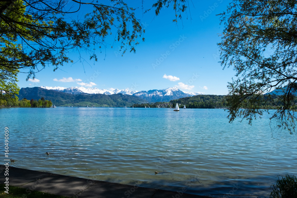 View of Geneva lake and alps at Luzern park.