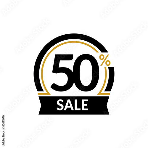 Discount card with 50 percent sale. Advertising Sale vector isolated sign. Promotion Stylish logo design under the black and gold arch.