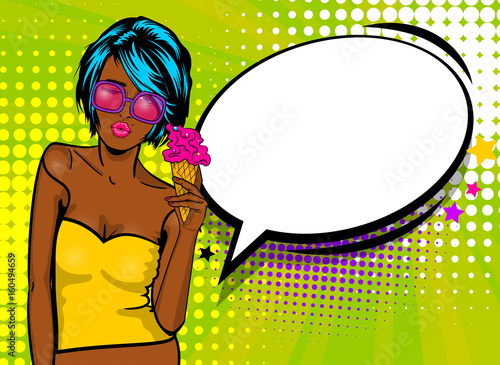 Cartoon vintage poster, colored black kitch cool girl heart sunglasses. Speech bubble comic text vector font illustration. Summer sale banner. Kiss sexy lips lipstick. Pop art style WOW face icecream