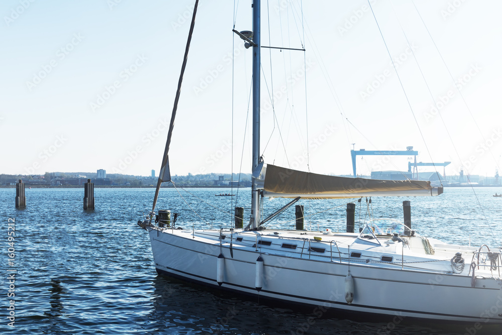 Fototapeta premium View of Beautiful White Yacht. Daylight. Sea Background.