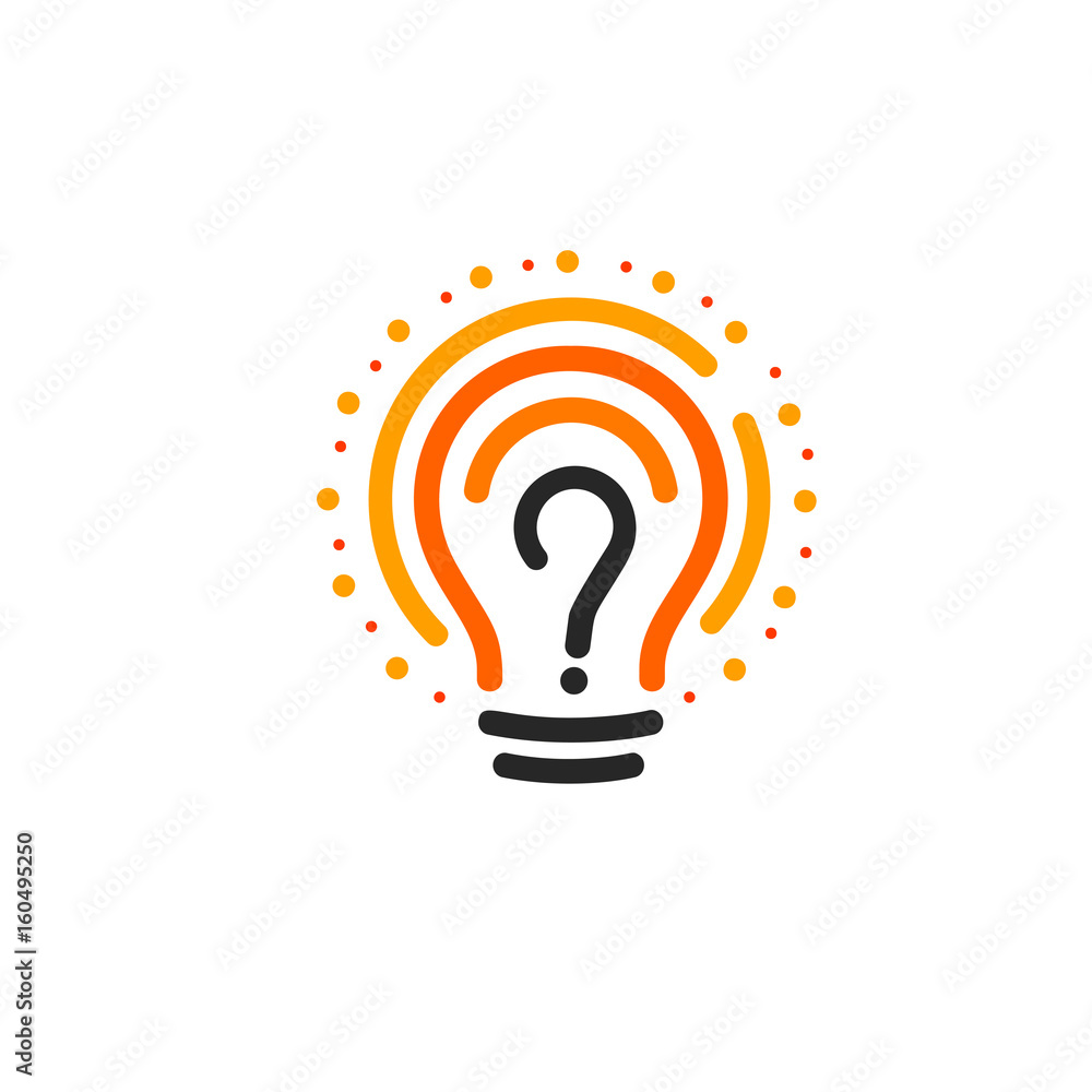New question mark symbol, flat bright cartoon bulb. White and orange colors sign. Stylized vector lightbulb colorful logotype. Query icon, circle line logo New question mark symbol, flat bright cartoon bulb. White and orange colors sign. Stylized vector lightbulb colorful logotype. Query icon, circle line logo