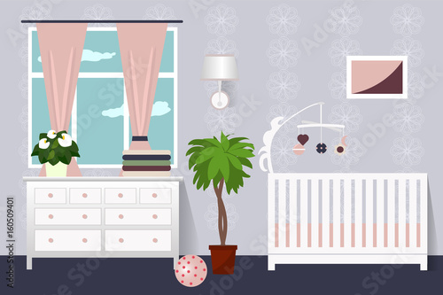 The interior of a child's bedroom . Flat design. Vector illustration. Cartoon.