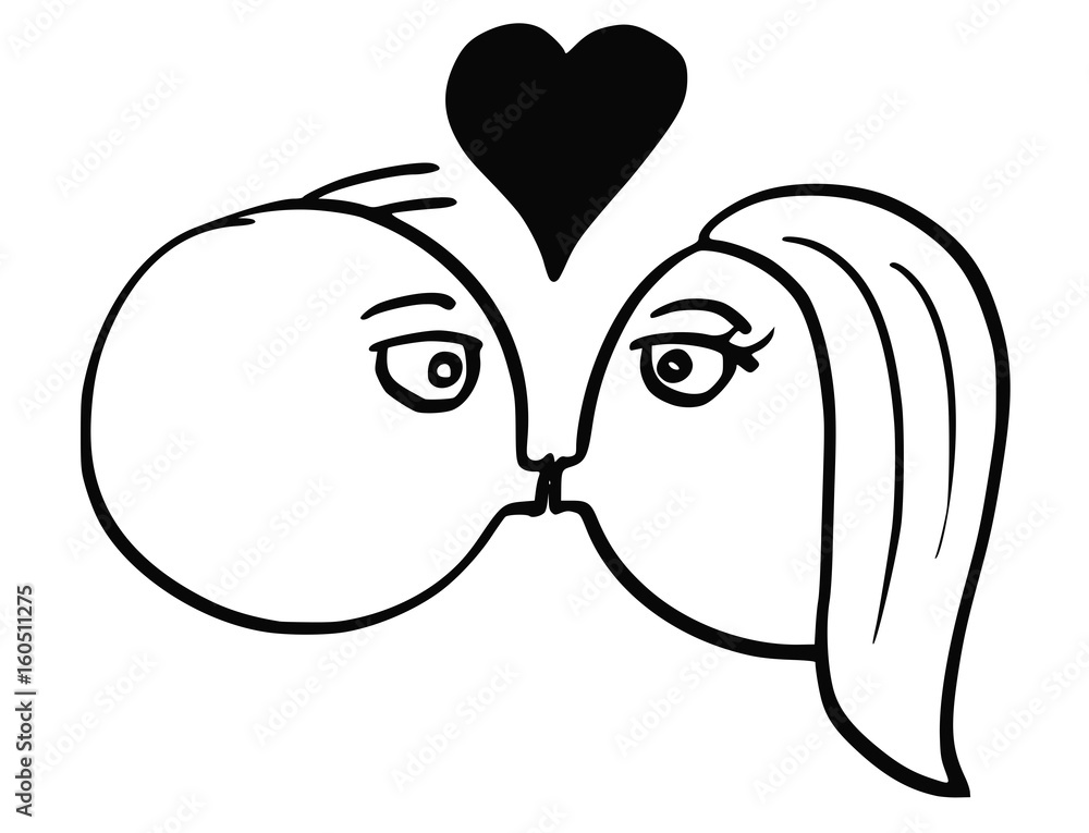 Vector Cartoon of Man and Woman in Love Kissing Each Other With Heart Symbol