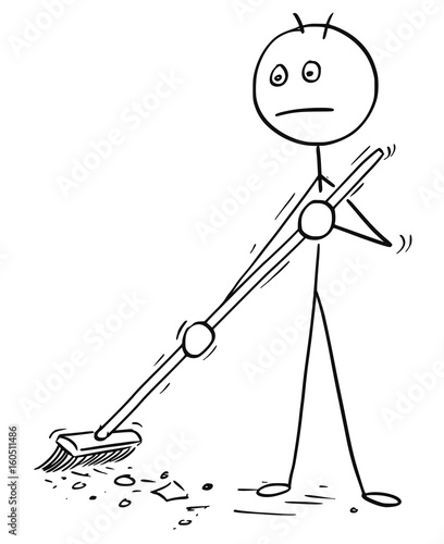 Vector Cartoon of Man Sweeping Floor Using Broom
