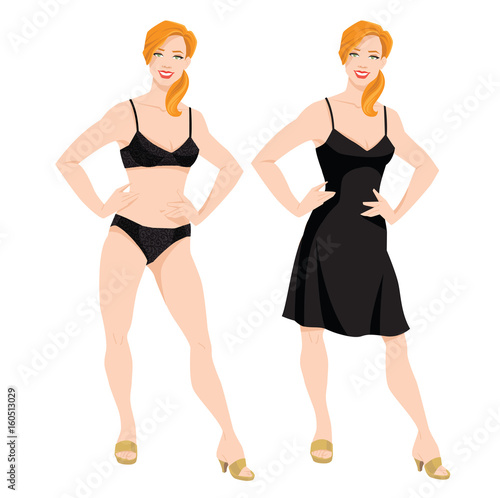 Vector illustration of redhead girls in lace underwear and dress on white background