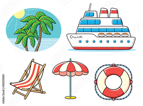 Cruise ship, lifebuoy, deck chair, beach striped umbrella, palm trees and sea, vacation resort icons set isolated.