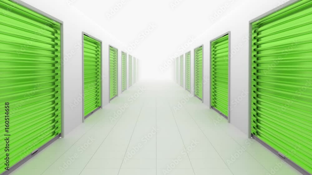 Motion through storage area with green rolling shutters.
Loop ready animation of hall filled with storage doors. Motion through storage area with green rolling shutters.
Loop ready animation of hall filled with storage doors.