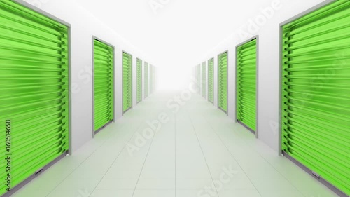 Motion through storage area with green rolling shutters.
Loop ready animation of hall filled with storage doors.