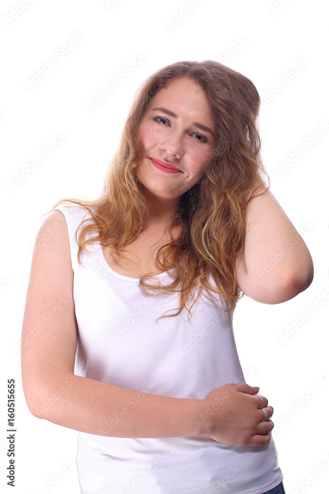 Happy brunette girl in white shirt isolated on white Happy brunette girl in white shirt isolated on white