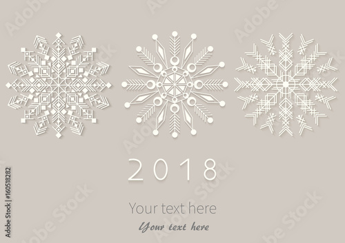 Happy New Year 2018 card with paper snowflakes. Applique background. Vector illustration.  EPS10.
