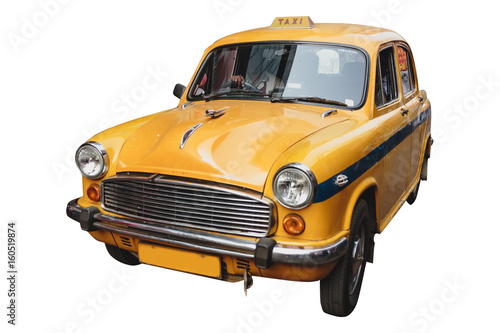 Isolated yellow vintage taxi in Kolkata  India