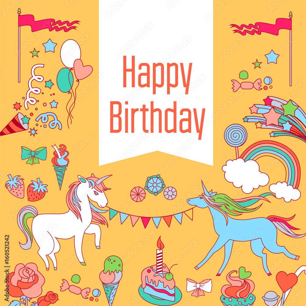 Fototapeta premium Happy birthday card with unicorn, strawberry, cake, sweets, rainbow and baloons