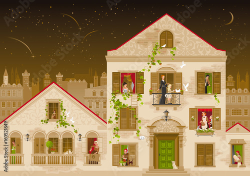 Retro stone house with people in windows, vector illustration. Vintage street architecture, victorian style building, poster template. Cute cartoon beautiful senior and young citizens, kids, adults