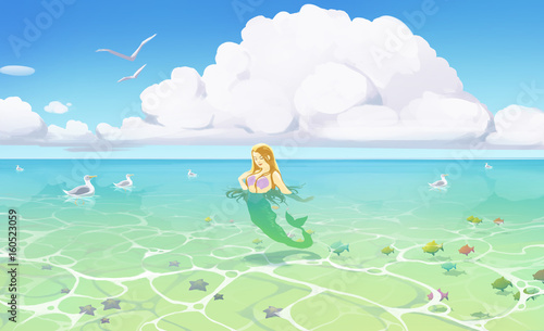 beautifull illustration of a seascape with blue water and a cartoon mermaid © Alexandra Petruk