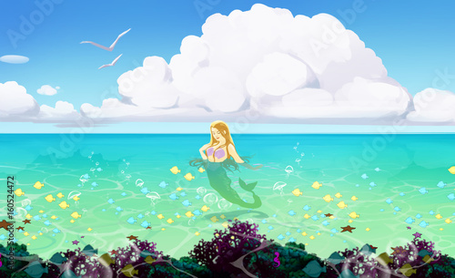 beautifull illustration of a seascape with blue water and a mermaid  © Alexandra Petruk