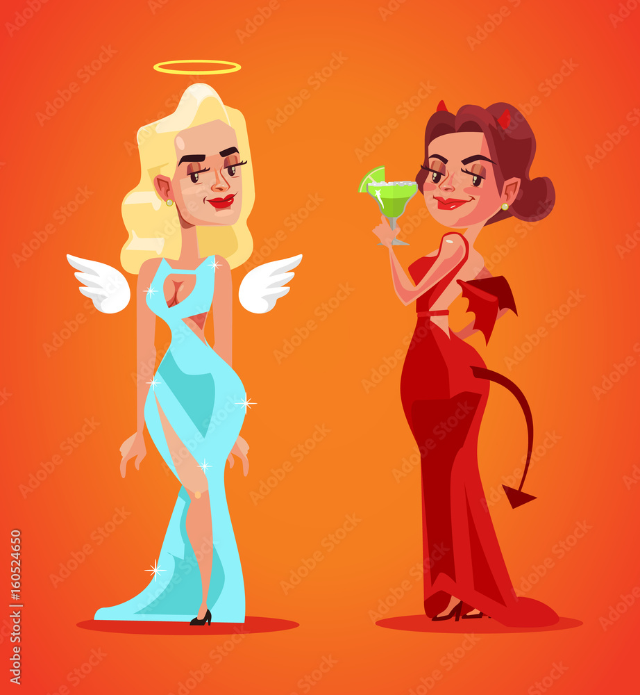 Angel and devil beautiful woman characters. Vector flat cartoon illustration Angel and devil beautiful woman characters. Vector flat cartoon illustration