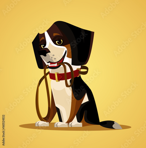 Happy smiling dog character hold leash in mouth. Vector flat cartoon illustration
