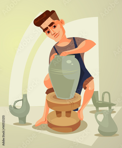 Happy smiling potter character makes clay pot. Vector flat cartoon illustration
