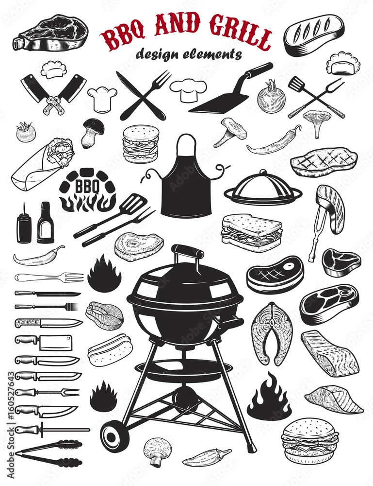 Stockvector Big set of BBQ and Grill design elements. Kitchen tableware,  grilled meat, salmon meat, burger, sandwich, pepper, mushrooms, tomatoes.  Elements for logo, label, emblem, sign poster, restaurant flyer. | Adobe  Stock
