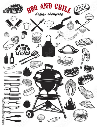 Big set of BBQ and Grill design elements. Kitchen tableware, grilled meat, salmon meat, burger, sandwich, pepper, mushrooms, tomatoes. Elements for logo, label, emblem, sign poster, restaurant flyer.