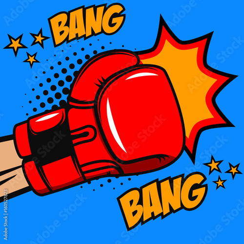Boxing bang bang. Boxer glove on pop art style background. Vector design element