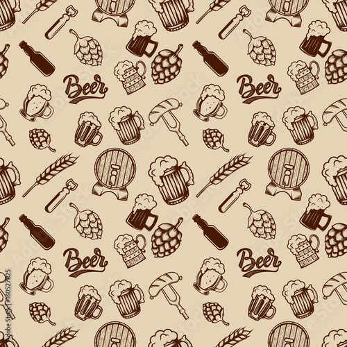 Beer seamless pattern. Beer mugs, bottles, wheat. Design element for poster, wrapping paper. Vector illustration