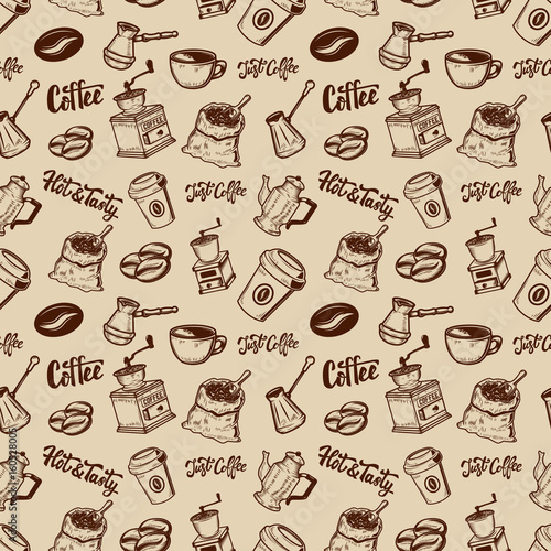 Coffee seamless pattern. Coffee beans, mills, cups. Design element for poster, wrapping paper. Vector illustration © liubov