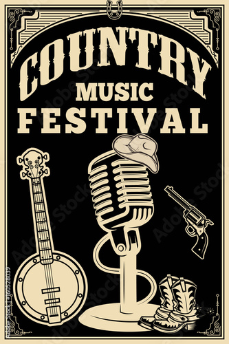 country music festival poster. Old style microphone, cowboy boots, hat, revolver, banjo. Vector design element