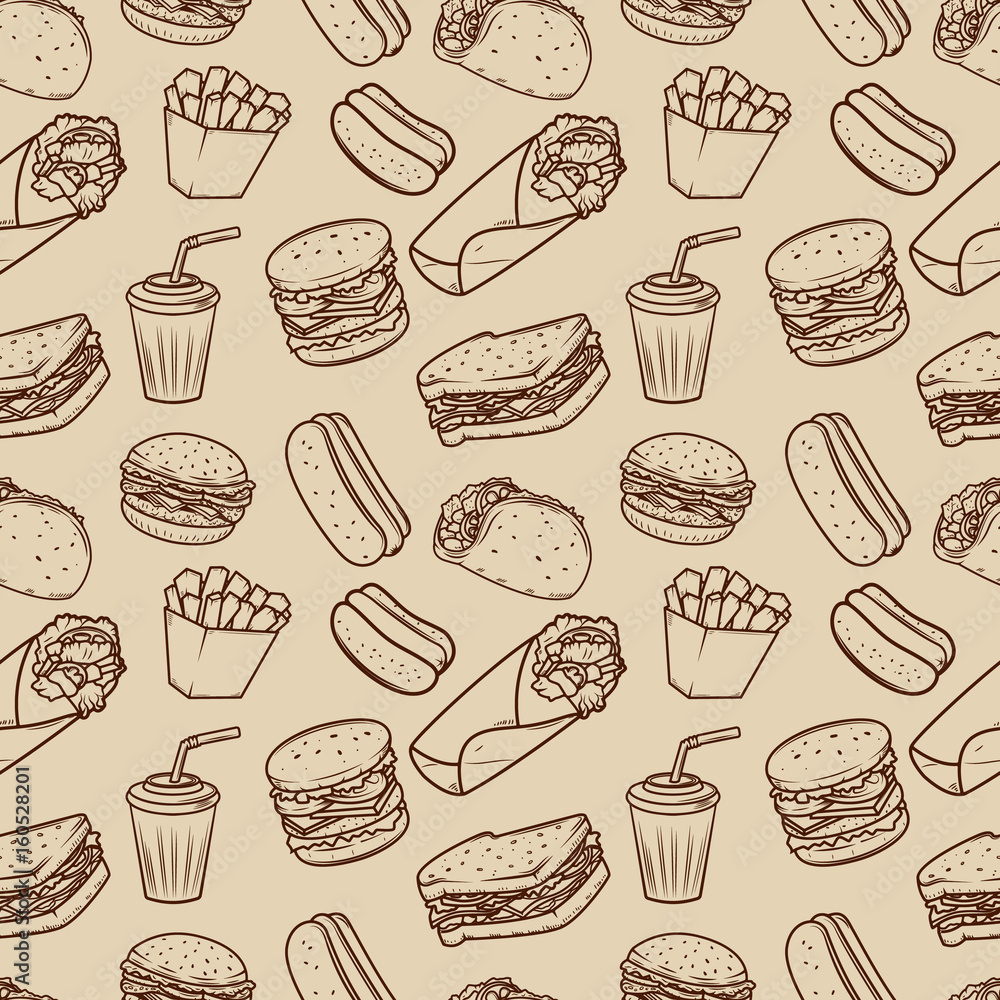 Seamless pattern with fast food illustrations pattern.  Design element for poster, wrapping paper. Vector illustration