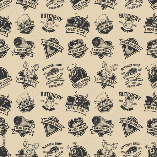 Set of meat store, fresh meat labels seamless pattern. Design element for poster, wrapping paper. Vector illustration