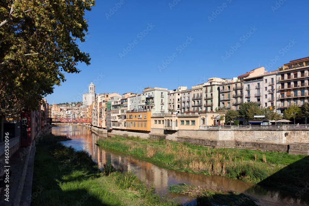 Girona Cityscape Along Onyar River in Catalonia, Spain