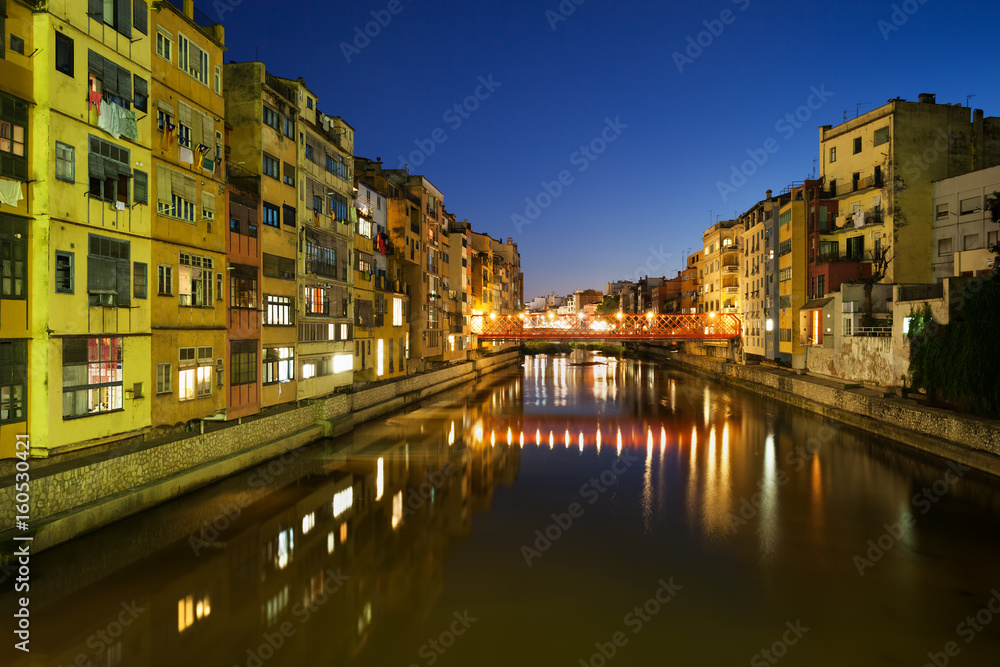 Waterside Houses in City of Girona at Night in Catalonia, Spain