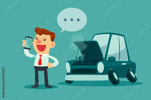 businessman stand beside his broken car and calling car service