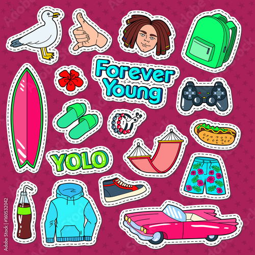Teenager Lifestyle Doodle with Surf, Pink Car and Fast Food fot Stickers, Patches and Badges. Vector illustration