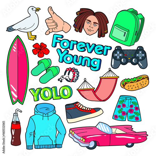 Teenager Lifestyle Doodle with Surf, Pink Car and Fast Food. Vector illustration