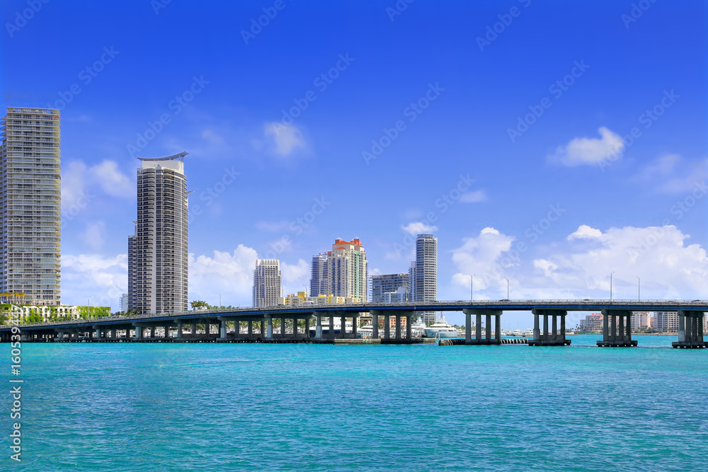 View of South Beach Miami with MacArthur Causeway Bridge