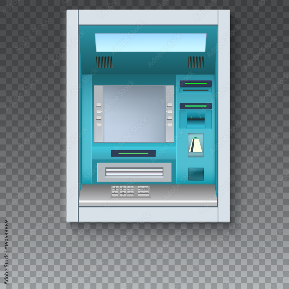 Bank Cash Machine. ATM - Automated teller machine with blank screen and carefully drawn details on transparent backdrop. Template for flyers, cover, presentation or poster. Bank Cash Machine. ATM - Automated teller machine with blank screen and carefully drawn details on transparent backdrop. Template for flyers, cover, presentation or poster.