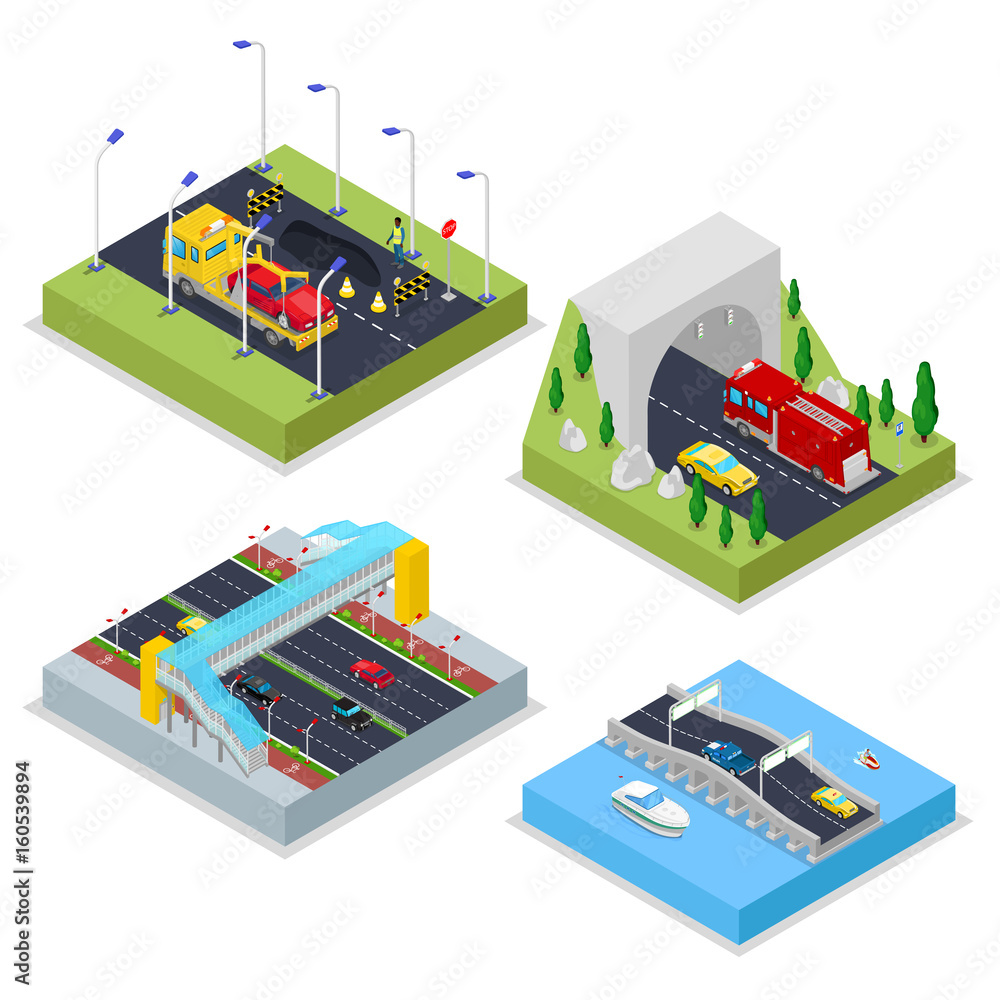 Isometric Urban Infrastructure with Avenue, Tunnel, Cars and Bridge. City Traffic. Vector flat 3d illustration