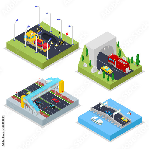 Isometric Urban Infrastructure with Avenue, Tunnel, Cars and Bridge. City Traffic. Vector flat 3d illustration