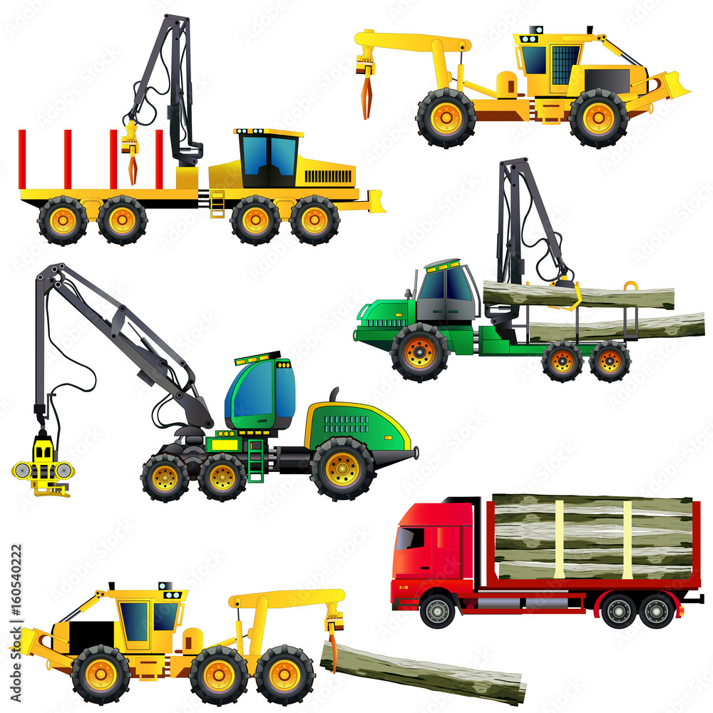 Wood cutting industry equipment. Vector illustrations set. Icons, isolated on white. - obrazy, fototapety, plakaty 