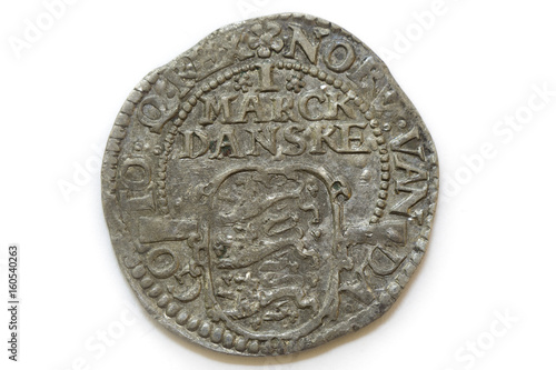 Denmark Danish silver coin 1 Mark Dansk - Christian IV 17th Obverse. Crowned half-bust of King facing right within rope circle. King's right arm is on the hip. Legend outside circle with date at end. photo