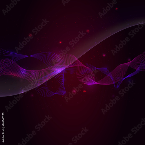 Abstract smooth wave, light and sparkle on dark red background. Vector special effects, curve flow smoke, a wave motion illustration. Template for vip banners, invitation or cover.