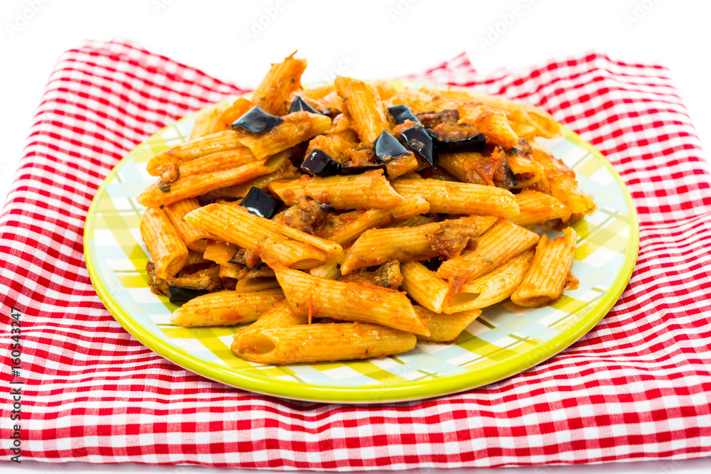 Pasta with aubergine and tomato on a the table Pasta with aubergine and tomato on a the table