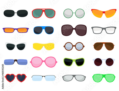 Fashion set sunglasses accessory sun spectacles plastic frame modern eyeglasses vector illustration. photo