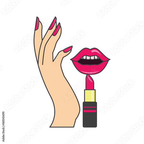 red lips and manicure nails . makeup and cosmetics, vector illustration