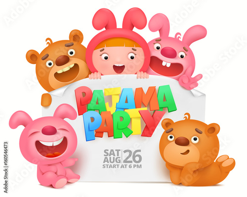 pajama party invitation card with cartoon funny characters