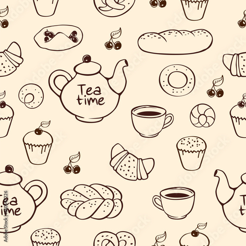 Wallpaper Mural Seamless pattern with hand drawn teapot, pies, muffins for bakery menu, textile, wallpapers, gift wrap and scrapbook. Vector illustration. Torontodigital.ca