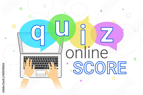 Online quiz interview and online high score game on laptop creative concept vector illustration. Human hands typing on keyboard for asking, examing and answering question. Creative quiz speech bubbles