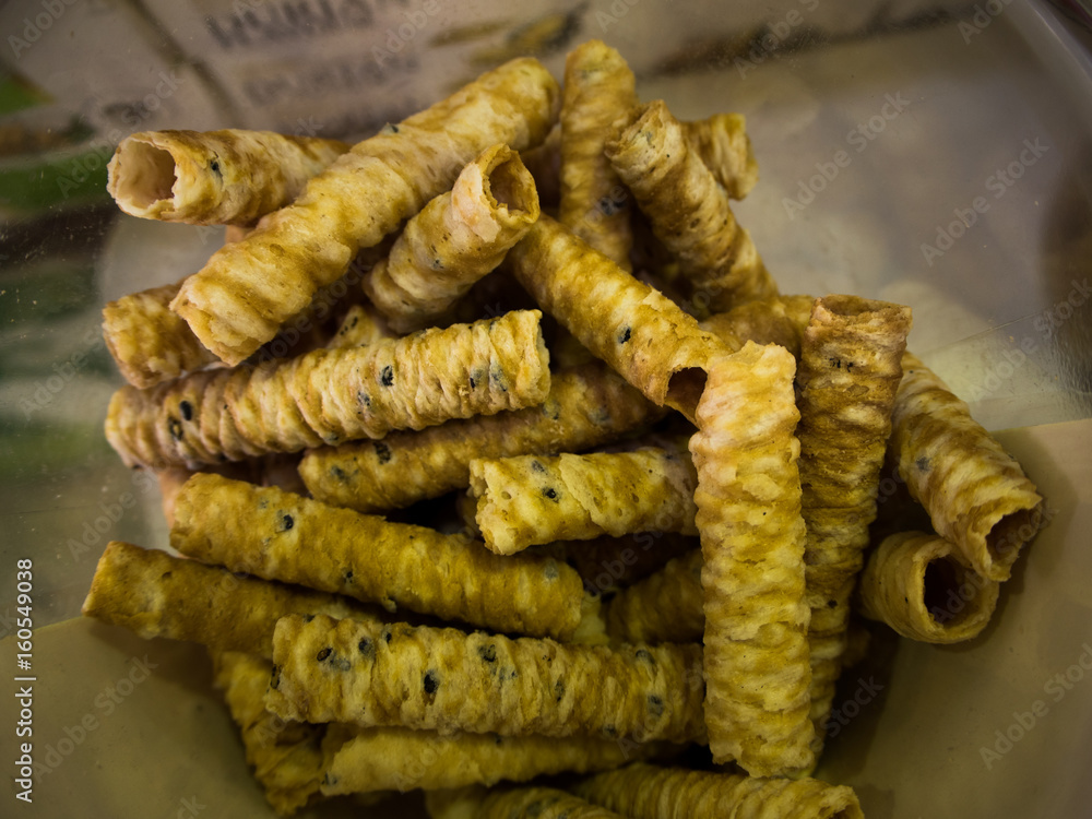 Thong Muan, Thai dessert, Roll wafer Thong Muan, Thai dessert, Roll wafer